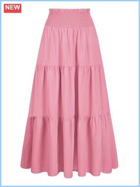 Women's Summer Maxi Skirt Flowy Smocked High Waist Boho Long Skirt with Pockets